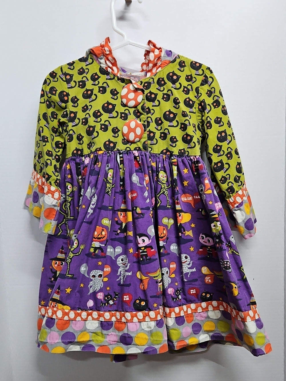 Jelly The Pug 100% Cotton Halloween Themed Hooded Dress Sz 2T Polka Dots Cats